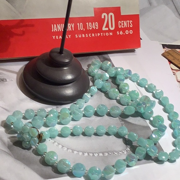 VINTAGE 1950s WEST GERMAN 2 STRAND  AQUA IRIDESCENT BEADED NECKLACE EARRINGS - Picture 3 of 8